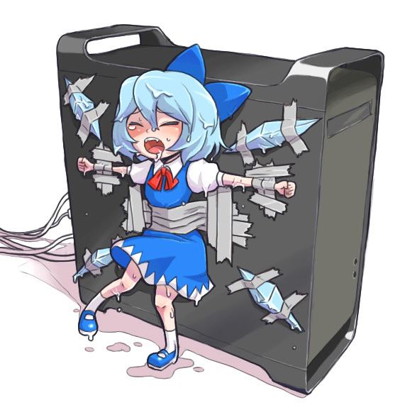 kty (04), cirno, apple inc., touhou, md5 mismatch, 1girl, bad end, bdsm, blue hair, blush, bondage, bound, closed eyes, computer, female focus, macintosh, melting, mundane utility, open mouth, saliva, simple background, solo, sweat, tape, tape bondage, torture, white background, wings