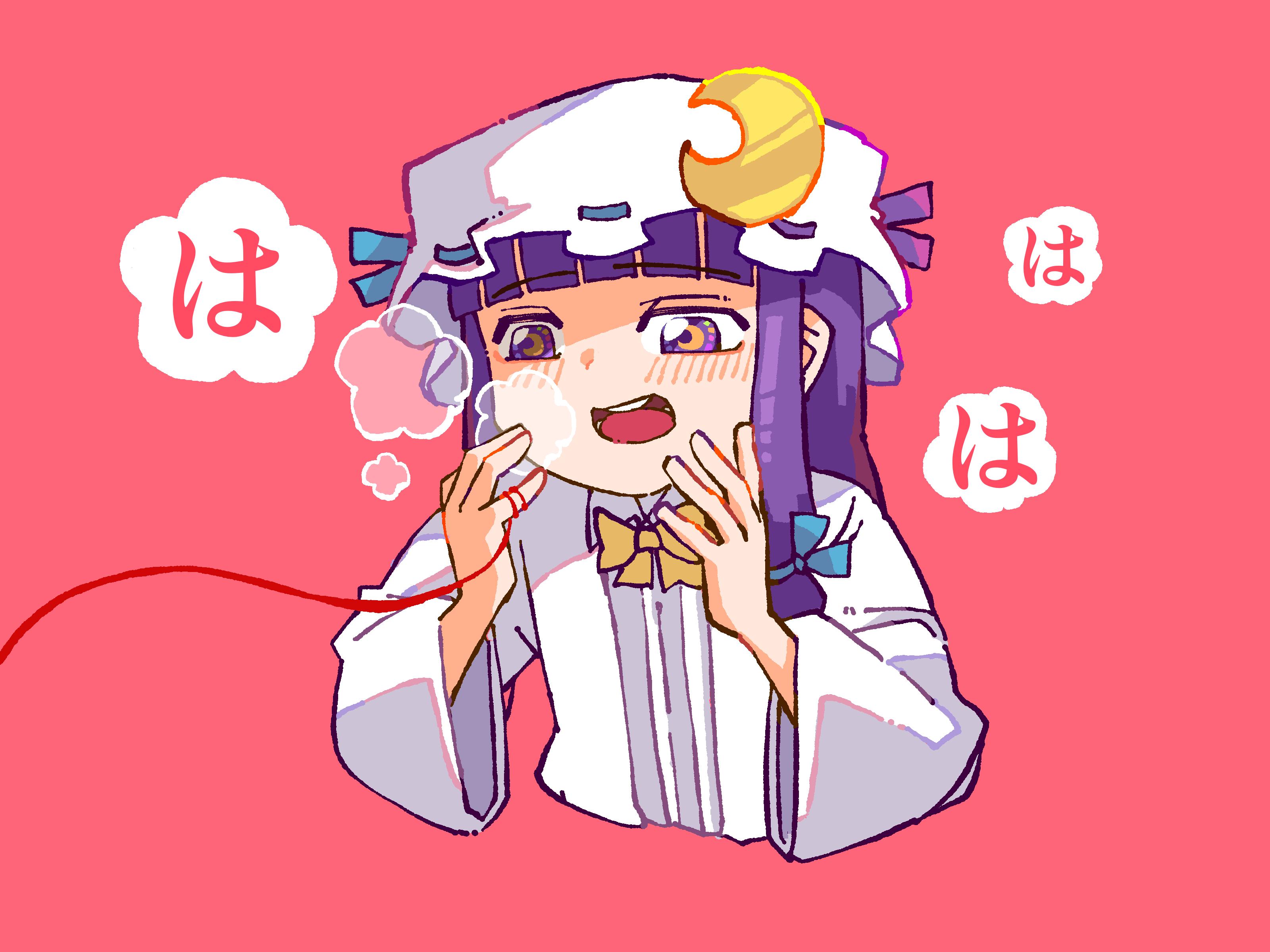nihimaru, patchouli knowledge, touhou, absurdres, highres, 1girl, blunt bangs, bow, bowtie, collared shirt, crescent, crescent hat ornament, crescent in eye, hat, hat ornament, heavy breathing, long sleeves, mob cap, open mouth, purple eyes, purple hair, red background, ribbon-trimmed hat, shirt, string, string of fate, striped clothes, striped shirt, upper body, wide sleeves, yellow bow, yellow bowtie