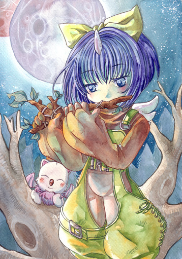 sayaka mako, eiko carol, moogle, final fantasy, final fantasy ix, bad id, bad pixiv id, 00s, 1girl, bare legs, blue eyes, blue hair, blush, bow, censored, child, female focus, flat chest, full moon, hair bow, horns, instrument, matching hair/eyes, moon, ribbon, short hair, single horn, solo, yellow bow
