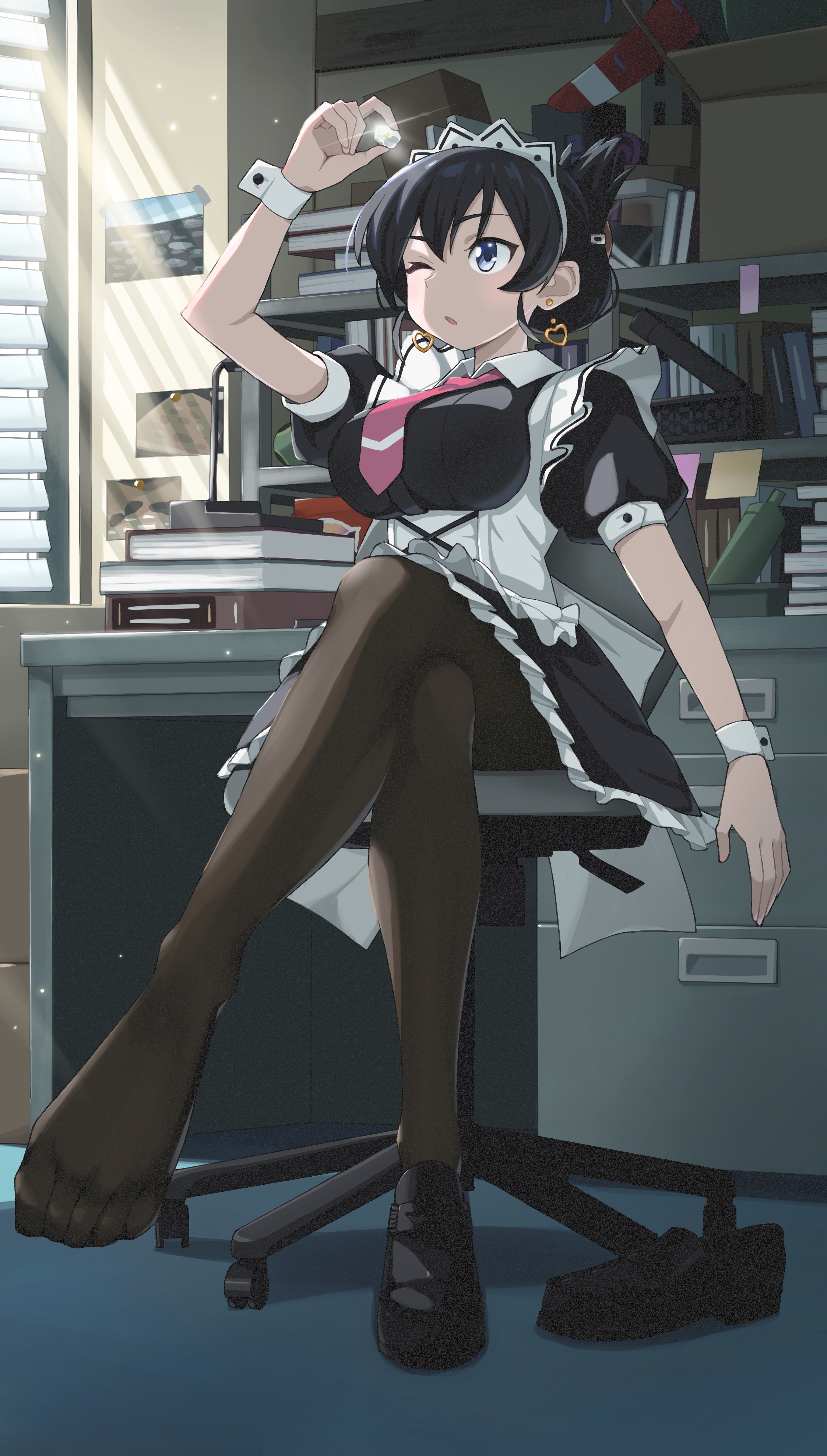 hitempo, arato nagi, ruri no houseki, absurdres, commentary, highres, 1girl, alternate costume, apron, black dress, black hair, black pantyhose, black shoes, blue eyes, book, chair, collared dress, crossed legs, desk, dress, earrings, enmaided, feet, folded ponytail, foot focus, foreshortening, frilled apron, frills, full body, gem, hair ornament, hairclip, heart, heart earrings, holding, holding gem, indoors, jewelry, loafers, long hair, maid, maid headdress, necktie, office, office chair, one eye closed, open mouth, pantyhose, puffy short sleeves, puffy sleeves, red necktie, shoes, short dress, short hair, short sleeves, single shoe, sitting, solo, sunlight, swivel chair, toes, unworn shoes, white apron, window blinds, wrist cuffs