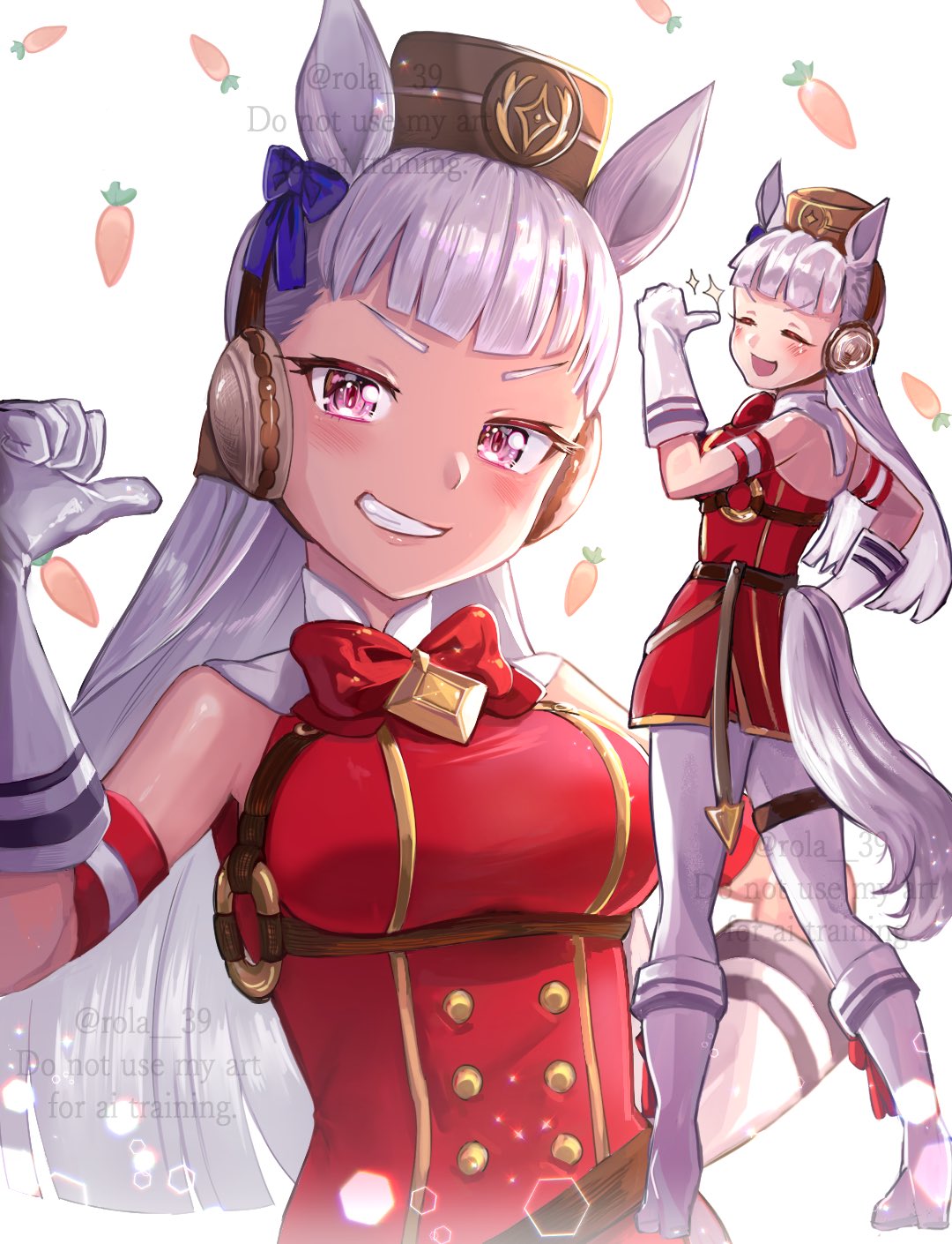 billijofreeze, gold ship (red strife) (umamusume), gold ship (umamusume), umamusume, highres, 1girl, animal ears, armband, blunt bangs, boots, bow, bowtie, breasts, brown hat, carrot, closed eyes, dress, ear bow, gloves, grey hair, grin, hat, horse ears, horse girl, horse tail, large breasts, leggings, long hair, looking at viewer, open mouth, pantyhose, pillbox hat, pointing, pointing at self, purple bow, purple eyes, red armband, red dress, sleeveless, sleeveless dress, smile, star (symbol), striped armband, striped clothes, tail, teeth, thigh strap, thumbs up, white armband, white boots, white gloves, white leggings, white pantyhose