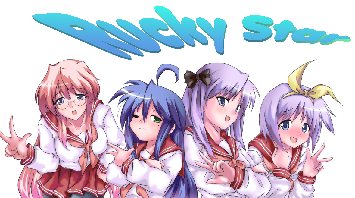 sireca, hiiragi kagami, hiiragi tsukasa, izumi konata, takara miyuki, lucky star, 00s, 4girls, ahoge, antenna hair, english text, engrish text, mole, mole under eye, multiple girls, pantyhose, ranguage, round eyewear, school uniform, serafuku, siblings, sisters, skirt, striped clothes, striped skirt, twins
