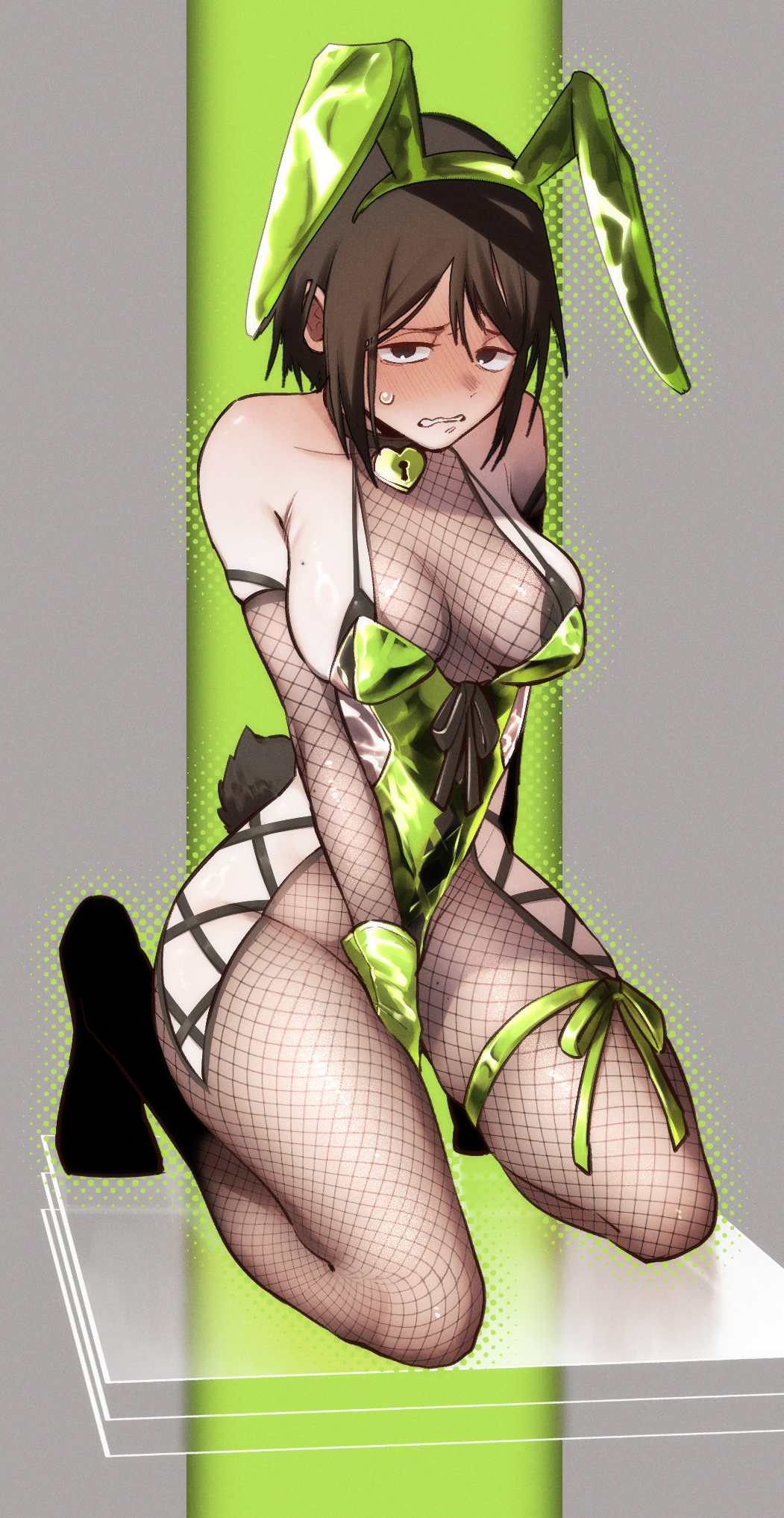imozonokan, original, commentary request, highres, 1girl, animal ear hairband, animal ears, between legs, bikini, bikini under clothes, blush, breasts, fake animal ears, fake tail, fishnet leotard, fishnet pantyhose, fishnets, full body, green hairband, green leotard, hairband, hand between legs, kneeling, large breasts, leotard, lock, micro bikini, mole, mole on breast, nontraditional playboy bunny, pantyhose, rabbit ears, rabbit tail, see-through cleavage, see-through clothes, short hair, side slit, sideboob, solo, sweatdrop, swimsuit, tail, wavy mouth