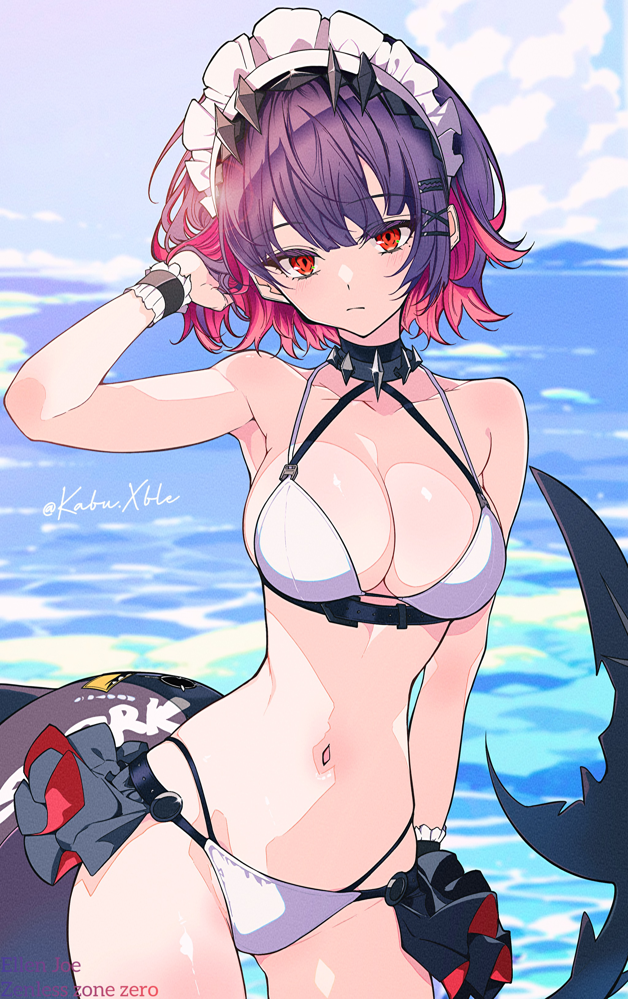 ellen joe, zenless zone zero, absurdres, highres, 1girl, armpits, bare shoulders, bikini, bikini skirt, black hair, blue sky, blush, breasts, chest harness, closed mouth, cloud, collar, colored inner hair, fins, fish tail, frilled wristband, hairband, hand in own hair, harness, kabu xblezzz, looking at viewer, maid, maid headdress, metal hairband, mole, mole under eye, multicolored hair, navel, ocean, razor blade hair ornament, scar, scar on tail, shark girl, shark tail, short hair, sky, solo, spiked headband, sticker, stomach, swimsuit, tail, twitter username, water, white bikini