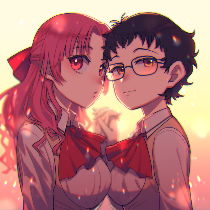 imozonokan, meguro miyuki, ueno koyori, sayonara wo oshiete, 2girls, asymmetrical docking, black hair, blurry, bow, breast press, breasts, brown eyes, glasses, hair bow, half updo, holding hands, interlocked fingers, large breasts, medium breasts, multiple girls, red eyes, red hair, school uniform, short hair, underbust