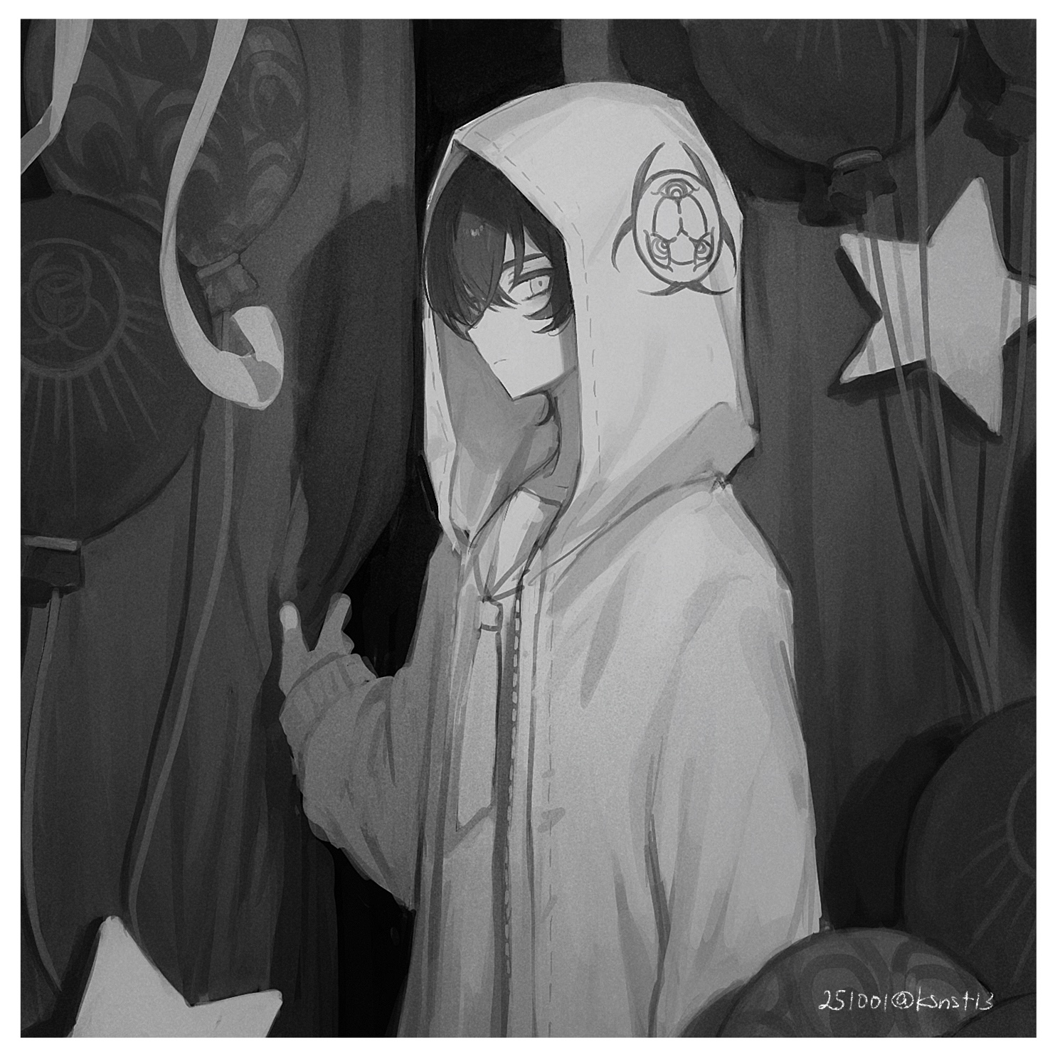 hai (haihki), commentary, highres, symbol-only commentary, 1girl, biohazard symbol, border, coat, curtains, greyscale, hood, hood up, hooded coat, looking at viewer, monochrome, neckerchief, open clothes, open coat, rei shimobe, reverse trap, shirt, short hair, shuten order, solo, star (symbol), twitter username