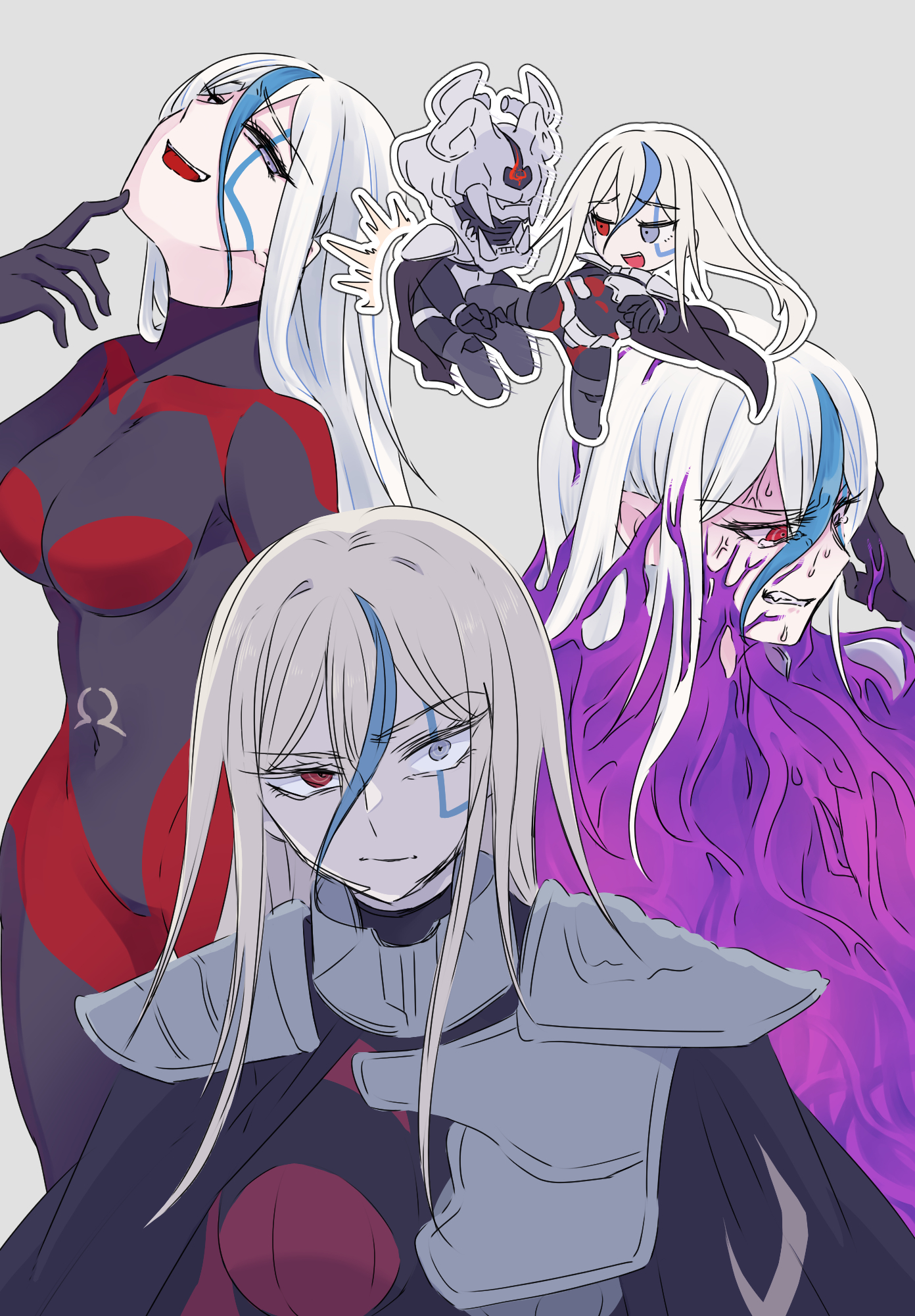201 (yield), addamaque, v'ehxness, the hundred line -last defense academy-, commentary, highres, 1boy, 1girl, anger vein, armor, black bodysuit, black cape, blue streaks, bodysuit, cape, chibi, chibi inset, clenched teeth, covered navel, facial mark, gorget, grey background, grey eyes, grin, hand on own chin, helmet, heterochromia, long hair, multicolored hair, multiple views, outline, red bodysuit, red eyes, roundhouse kick, shoulder armor, simple background, smile, streaked hair, sweat, teeth, white hair, white outline