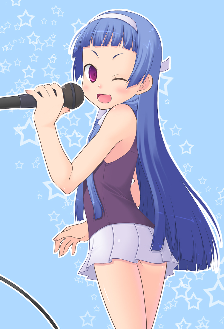 amamiya minato, nagi, kannagi, 00s, 1girl, blunt bangs, female focus, looking back, microphone, one eye closed, pleated skirt, purple eyes, skirt, solo, white skirt, wink