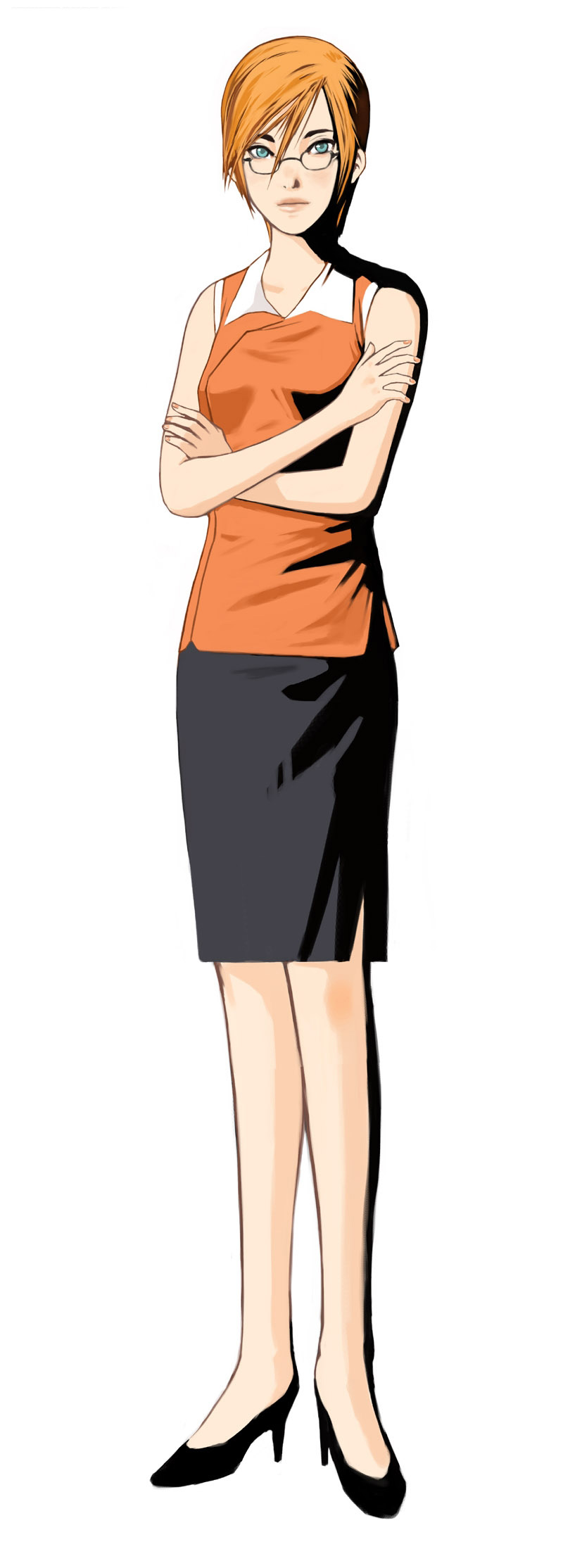 jessica robbins, another code, cing, nintendo, highres, official art, glasses, orange hair, short hair, solo