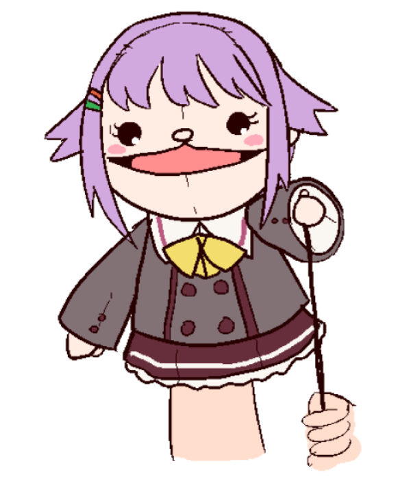 pongldr, koshimizu sachiko, idolmaster, idolmaster cinderella girls, 1girl, bow, bowtie, character doll, doll, hair flaps, hair ornament, hairclip, hand puppet, puppet, purple hair, school uniform, short hair, simple background, sketch, white background