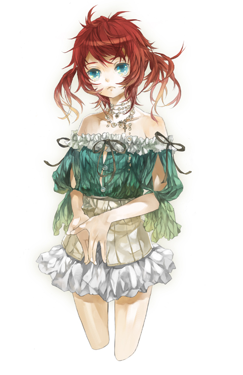 k ototo, original, bare shoulders, blue eyes, jewelry, necklace, red hair, solo