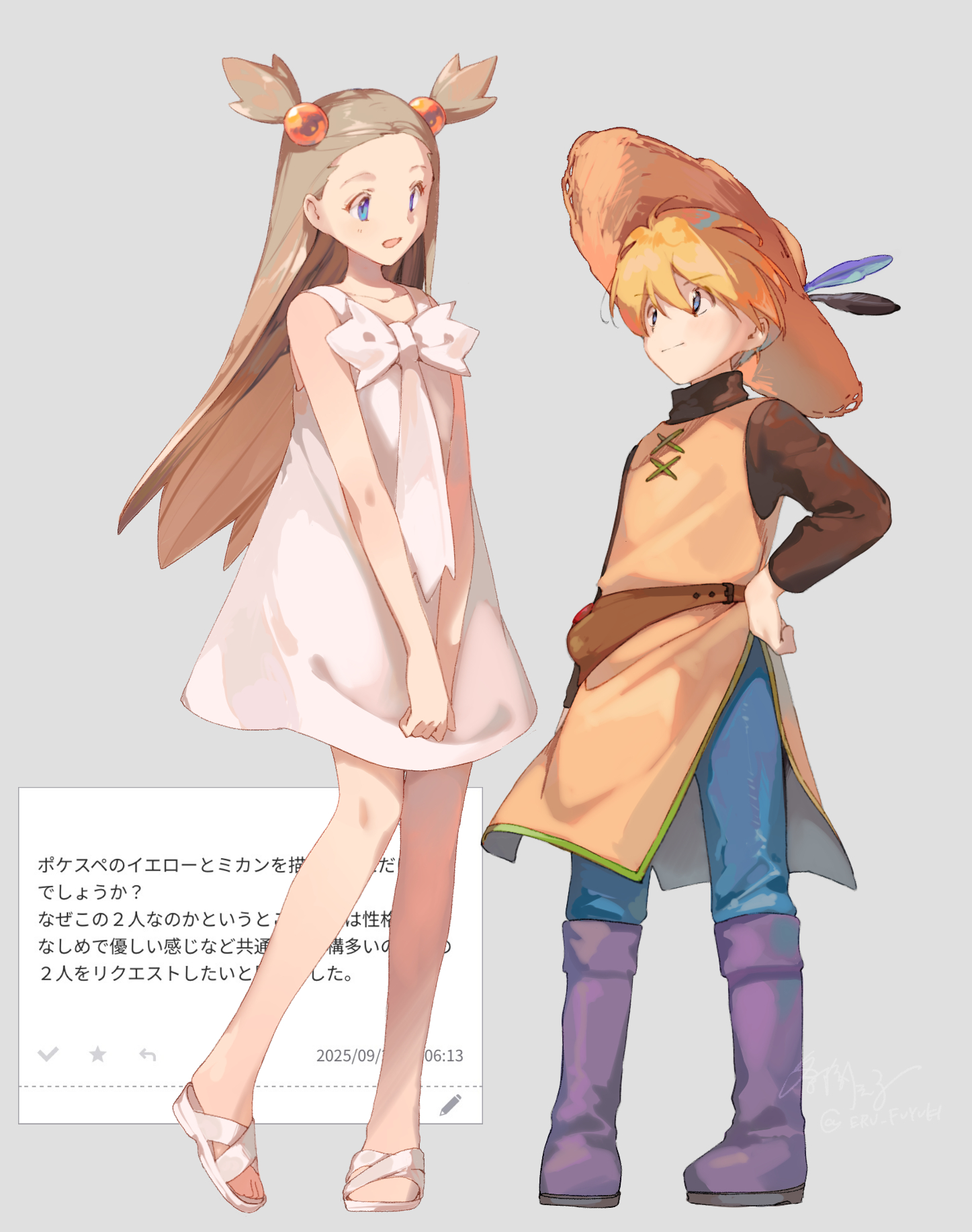 fuyuki eru, jasmine (pokemon), yellow (pokemon), nintendo, pokemon, pokemon adventures, pokemon gsc, highres, 2girls, bare shoulders, blonde hair, blue eyes, blue pants, boots, bow, breasts, brown hair, closed mouth, collarbone, dress, hair bobbles, hair ornament, hat, long hair, long sleeves, looking at another, multiple girls, open mouth, orange tunic, pants, ponytail, purple boots, reverse trap, sandals, shirt, short hair, simple background, sleeveless, sleeveless dress, smile, straw hat, tunic, two side up, white bow, white dress, yellow tunic