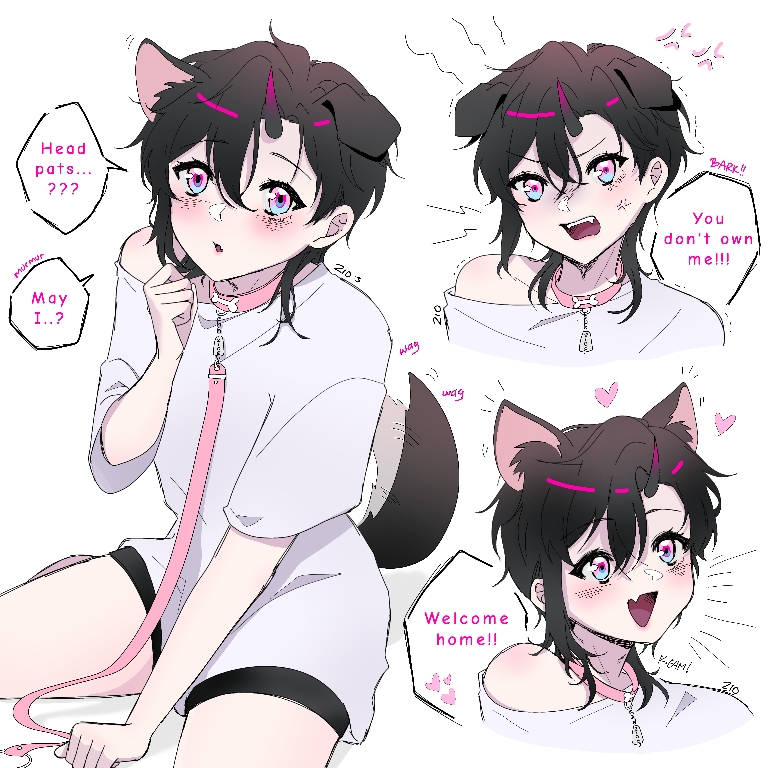 original, 1boy, anger vein, animal ears, baby animal, blue eyes, collar, dog, dog boy, dog ears, dog tail, english text, heart, leash, multicolored eyes, open mouth, pink collar, pink eyes, puppy, sa-kura 215, shirt, single bare shoulder, spoken heart, tail, trap, white background, white shirt