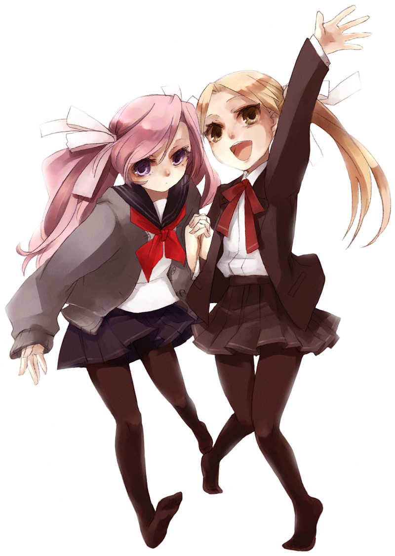 shimakoma, bad id, bad pixiv id, 2girls, blonde hair, holding hands, multiple girls, pantyhose, pink hair, ribbon, school uniform, twintails