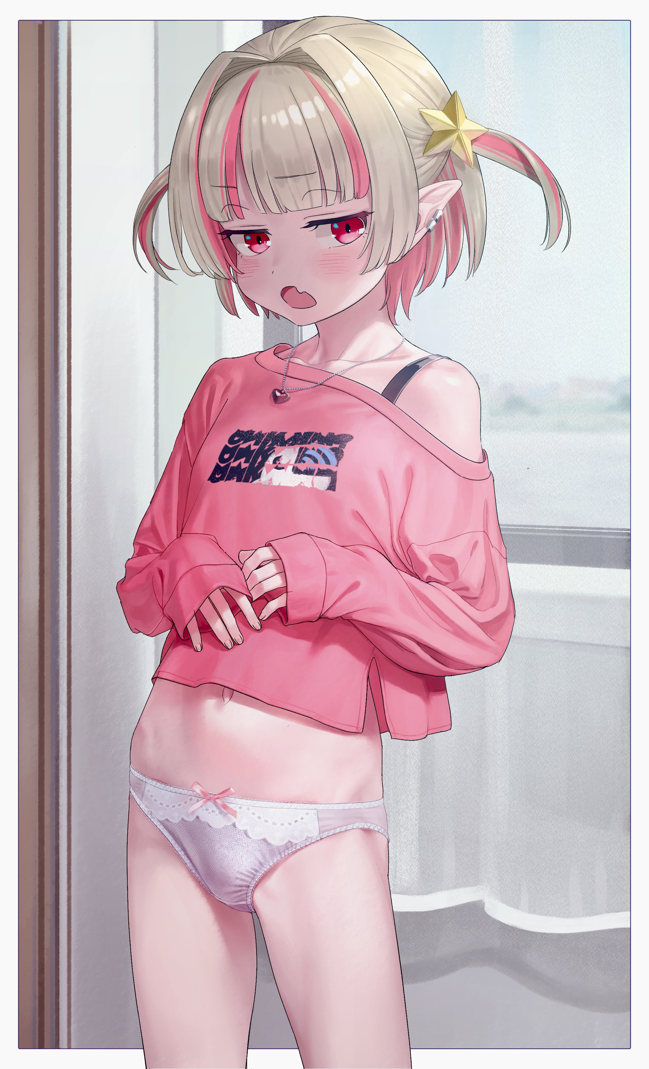 sabamen, makaino ririmu, nijisanji, absurdres, highres, 1girl, blonde hair, border, fang, frilled panties, frills, jewelry, looking at viewer, multicolored hair, no pants, off-shoulder shirt, off shoulder, open mouth, panties, pendant, pointy ears, red eyes, shirt, skin fang, solo, two-tone hair, two side up, underwear, virtual youtuber, white border, white panties