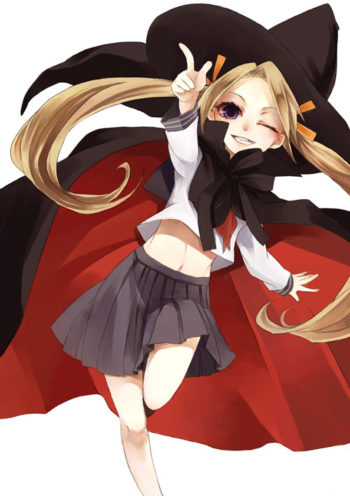 shimakoma, bad id, bad pixiv id, blonde hair, cape, halloween, hat, midriff, purple eyes, solo, twintails, witch hat