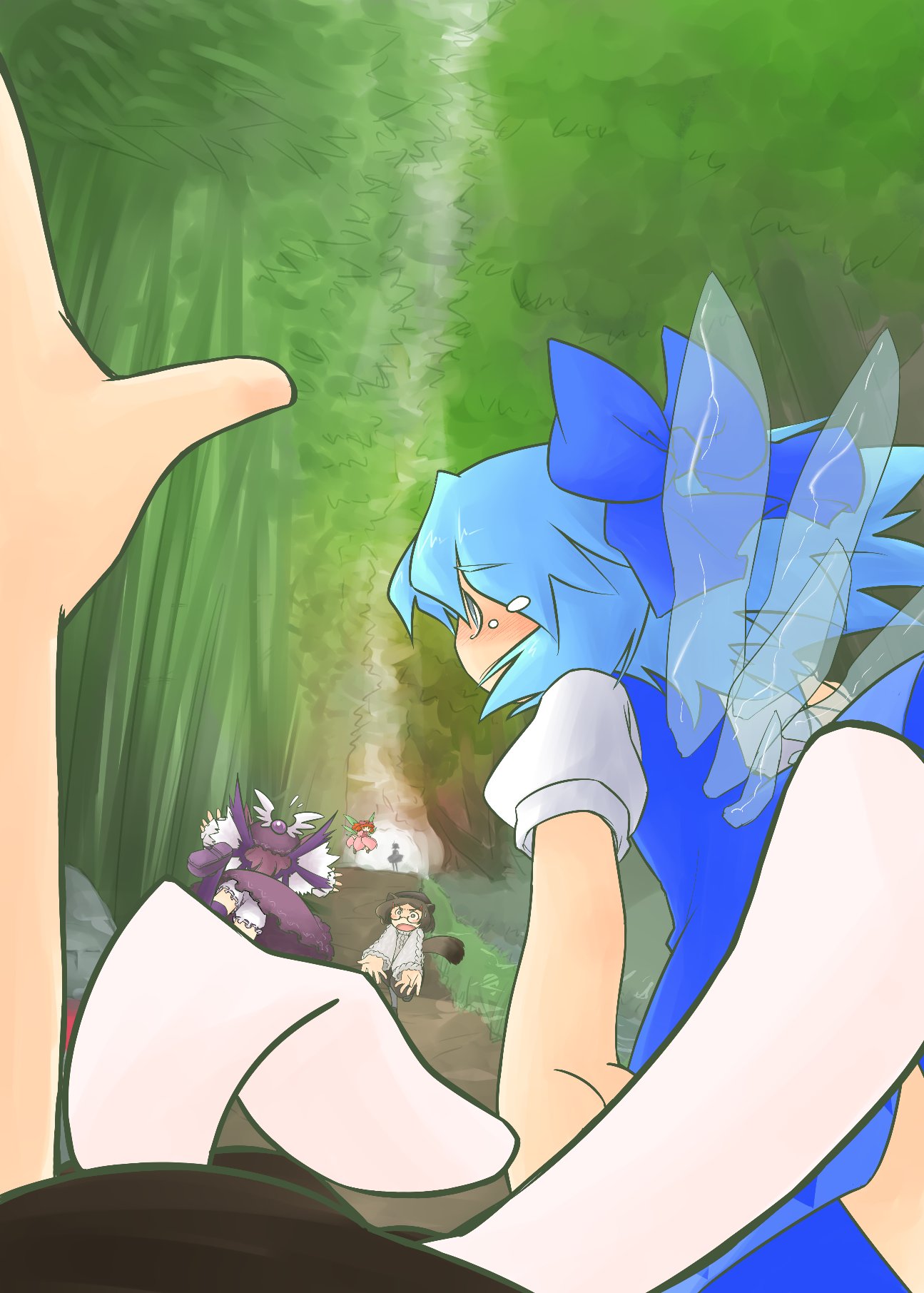 ogihara mach, cirno, inaba tewi, letty whiterock, mystia lorelei, touhou, bad id, bad pixiv id, highres, 3girls, animal ears, black hair, blue hair, bow, female focus, forest, hair bow, multiple girls, nature, rabbit ears, short hair, silhouette, tears, upskirt, wings