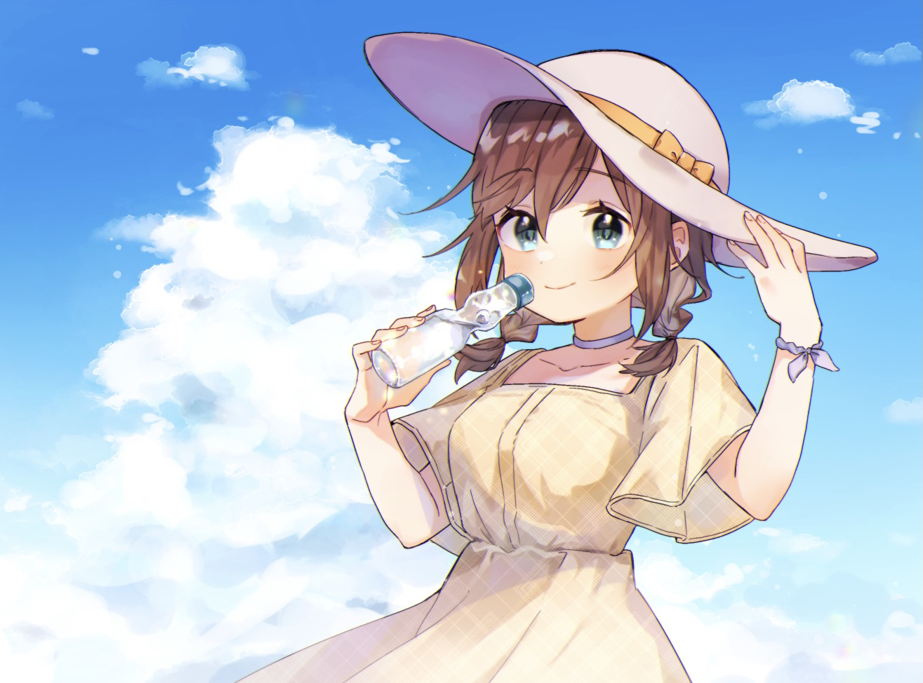 mugita1x1, original, commentary, symbol-only commentary, 1girl, blue sky, bottle, breasts, brown hair, choker, cloud, collarbone, dress, fingernails, grey eyes, hand on headwear, hands up, hat, holding, holding bottle, looking at viewer, low twintails, medium breasts, medium hair, purple choker, purple ribbon, ramune, ribbon, short sleeves, short twintails, sky, solo, standing, sun hat, twintails, unmoving pattern, upper body, wind, wrist ribbon, yellow dress