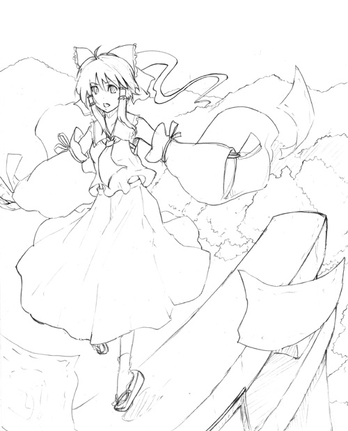 satori, satori (transient wind), hakurei reimu, touhou, 1girl, arch, detached sleeves, female focus, full body, greyscale, lineart, long sleeves, looking at viewer, monochrome, ponytail, simple background, solo, torii, twintails, white background