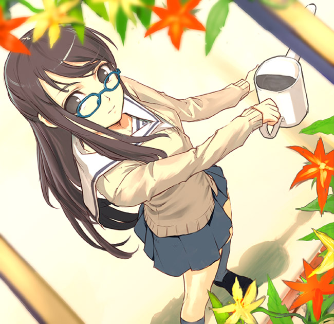 1girl, brown eyes, brown hair, female focus, from above, glasses, leaf, long hair, school uniform, serafuku, skirt, solo, watering can