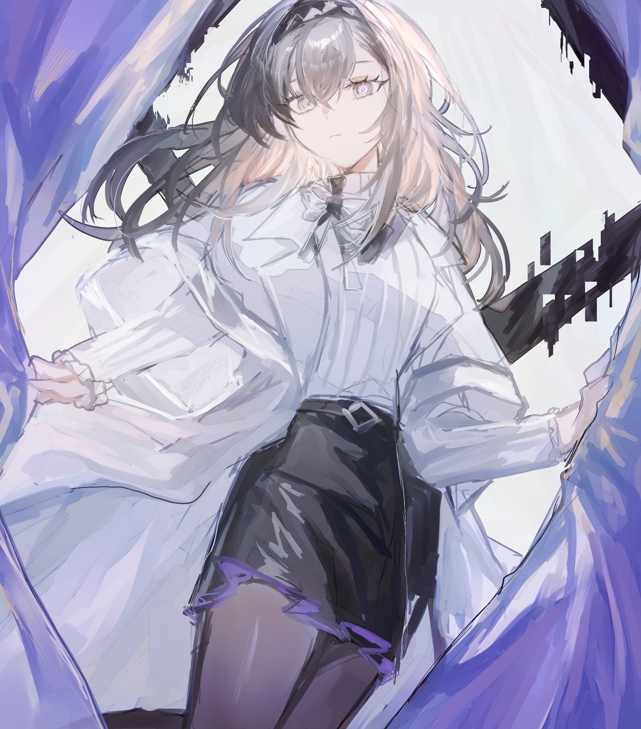 fumi (rdbm), priestess (arknights), arknights, absurdres, highres, 1girl, black hairband, black skirt, brown hair, capelet, coat, diamond-shaped pupils, diamond (shape), grey eyes, hairband, long hair, long sleeves, open clothes, open coat, shirt, skirt, solo, symbol-shaped pupils, turtleneck, turtleneck shirt, white capelet, white coat, white shirt