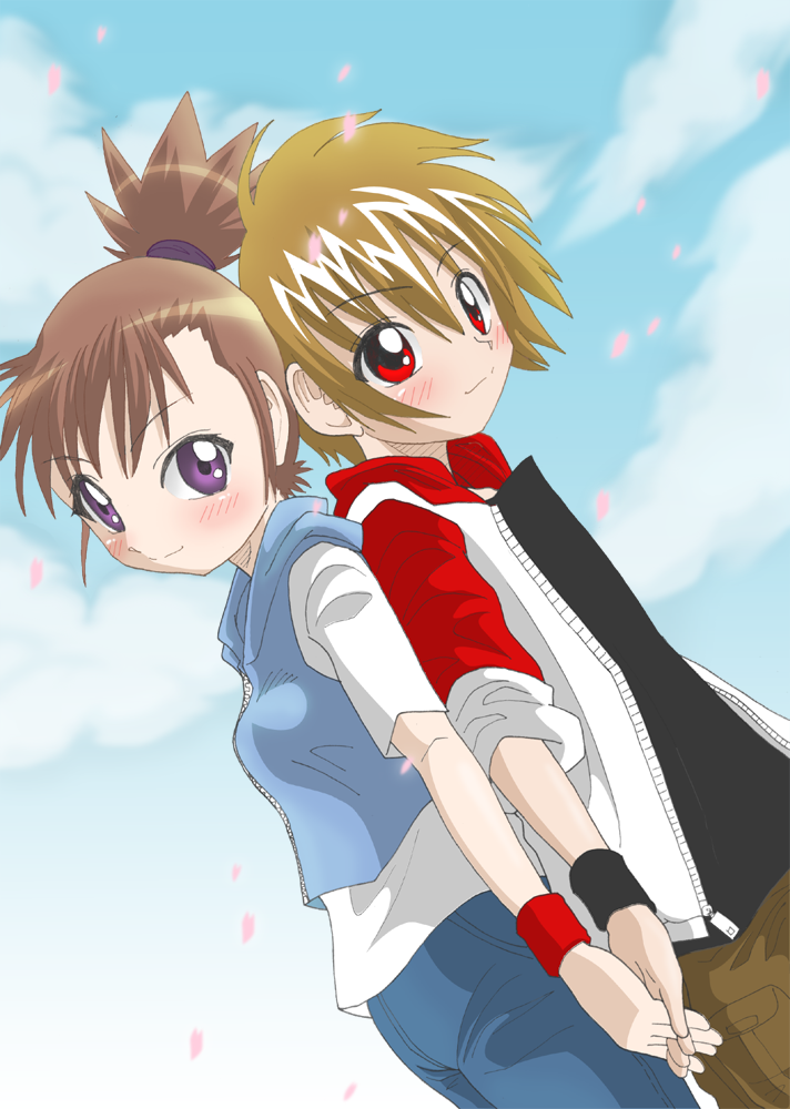riza23, makino ruki, matsuda takato, digimon, digimon tamers, 00s, 1boy, 1girl, back-to-back, blonde hair, brown hair, couple, dutch angle, hetero, holding hands, hood, hoodie, petals, ponytail, purple eyes, red eyes, smile, zipper