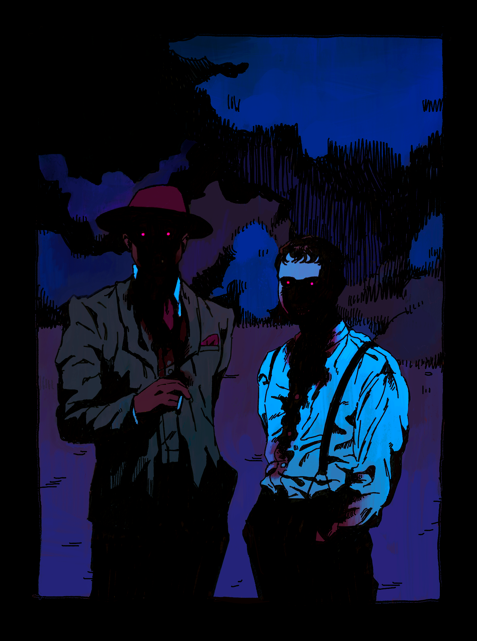 highres, 2boys, blood, blood on clothes, blood on face, blood on hands, formal clothes, glowing, glowing eyes, looking at viewer, multiple boys, owainigo, red eyes, remmick (sinners), sinners, stack (sinners), vampire