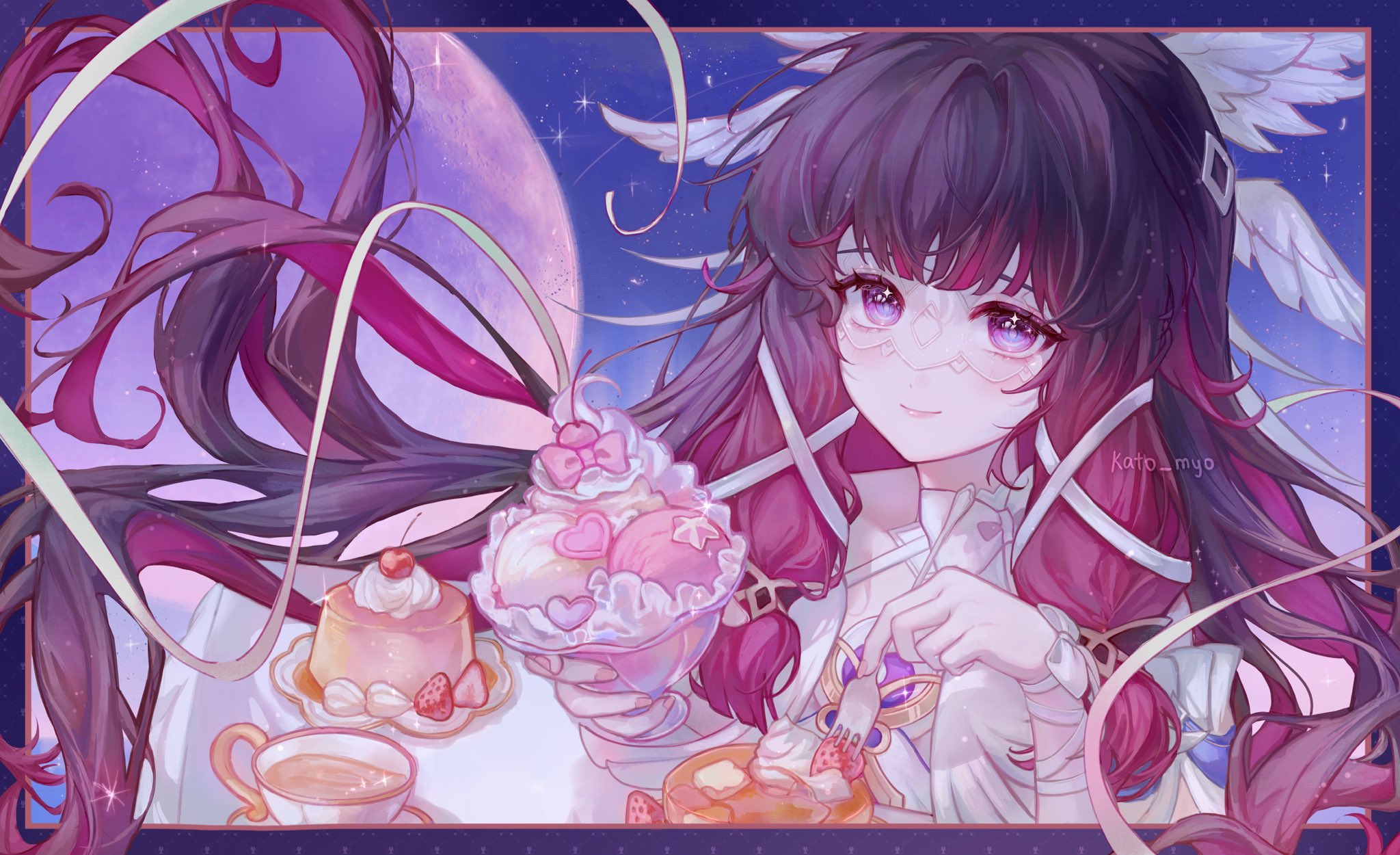 kato myo, columbina (genshin impact), genshin impact, highres, 1girl, artist name, black hair, cup, eye mask, feathered wings, floating hair, food, fork, head wings, holding, holding fork, ice cream, long hair, moon, multicolored hair, pancake, pink hair, pudding, purple eyes, smile, solo, sundae, teacup, twitter username, upper body, white wings, wings