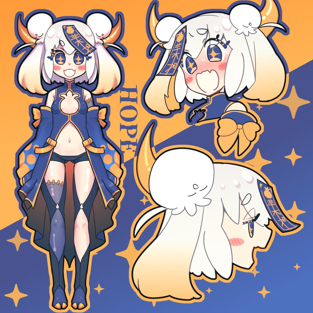 imozonokan, original, commentary request, + +, 1girl, asymmetrical legwear, blonde hair, blue eyes, blush, blush stickers, breasts, bun cover, cleavage, cleavage cutout, clothing cutout, detached sleeves, double bun, fang, gradient hair, hair bun, hooves, horns, micro shorts, mismatched legwear, multicolored hair, navel, ofuda, open mouth, petite, short eyebrows, shorts, skin fang, small breasts, white hair
