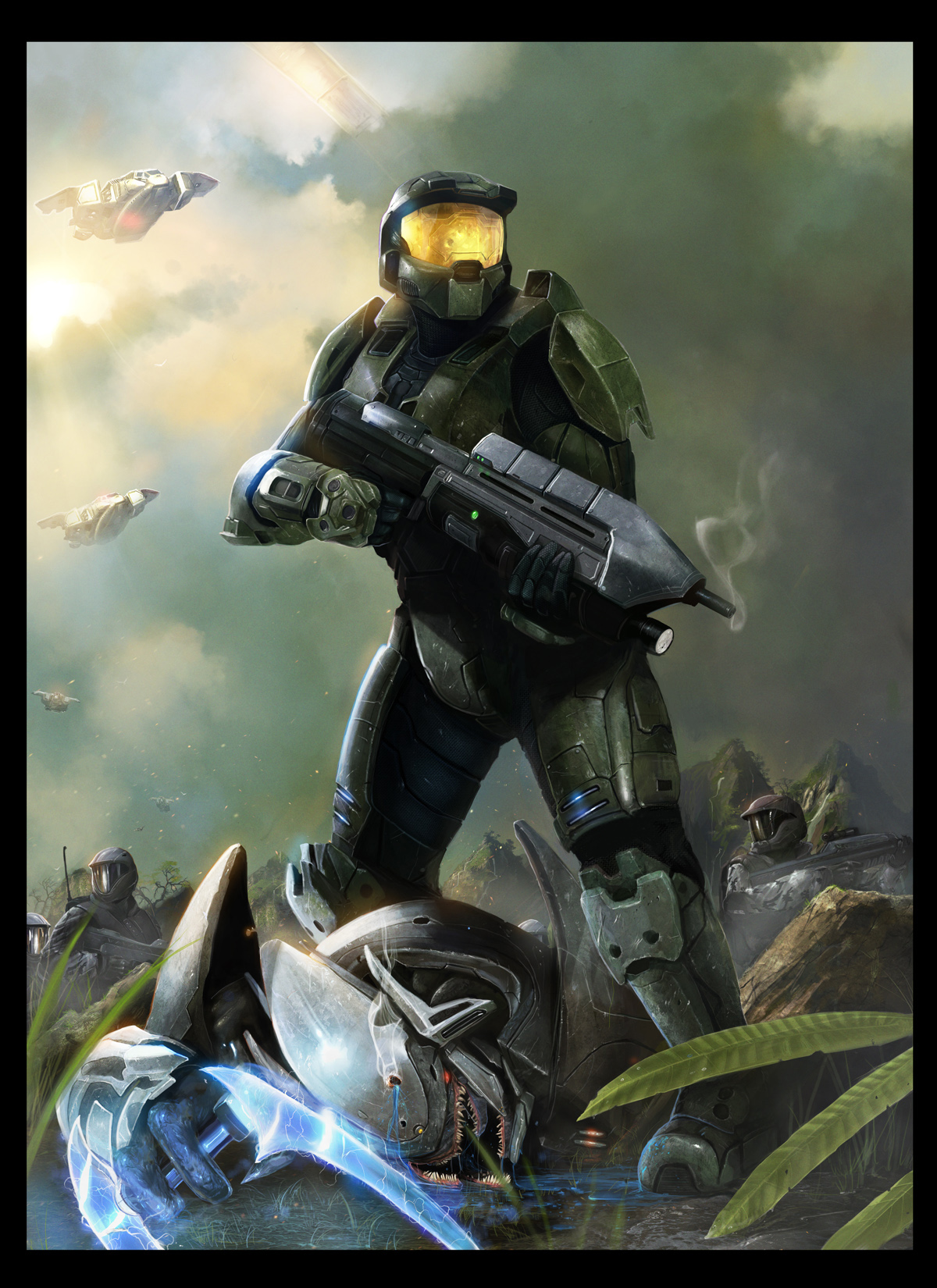 odst, halo (game), halo (series), visor, highres, 4boys, adonhis, armor, assault rifle, bullpup, gun, male focus, master chief (halo), multiple boys, rifle, science fiction, smoke, smoking barrel, sword, weapon