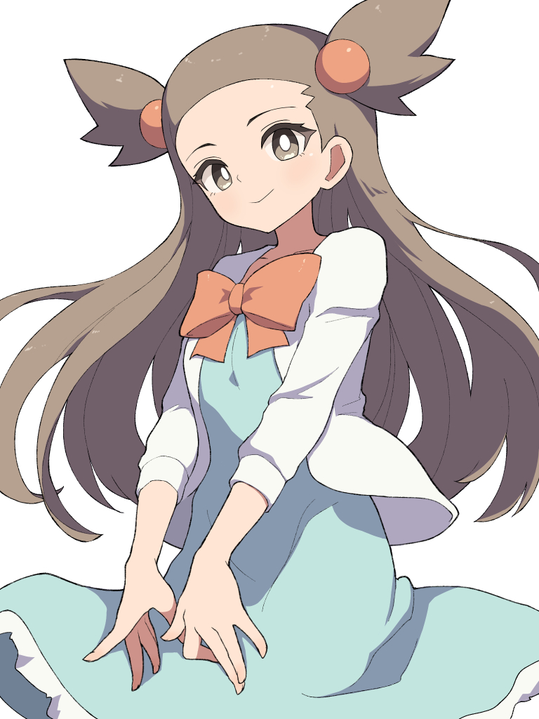 hiyoshipow, jasmine (pokemon), nintendo, pokemon, pokemon hgss, 1girl, blue dress, bow, breasts, brown eyes, brown hair, closed mouth, dress, green dress, hair bobbles, hair ornament, jacket, long hair, looking at viewer, open clothes, open jacket, orange bow, simple background, smile, solo, two side up, white background, white jacket