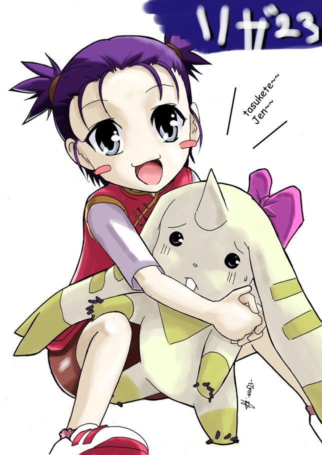 riza23, lee shaochung, lopmon, terriermon, digimon, digimon tamers, 00s, 1girl, bike shorts, blush, blush stickers, bow, digimon (creature), grey eyes, hug, purple hair, short hair, short twintails, sitting, squatting, twintails