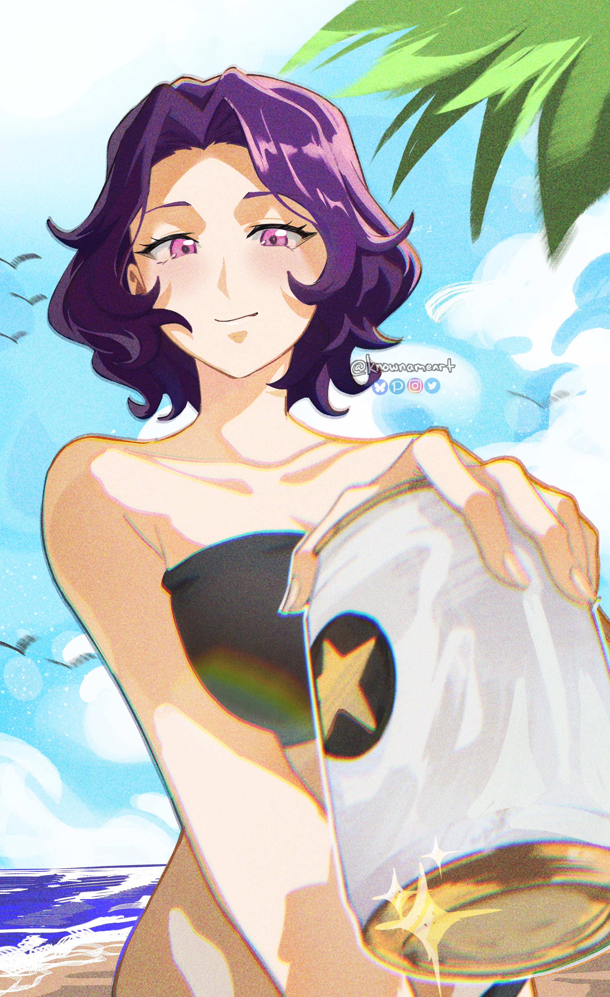knowname, hamaoka azusa, grand blue, 1girl, beach, bikini, breasts, large breasts, looking at viewer, purple eyes, purple hair, solo, swimsuit