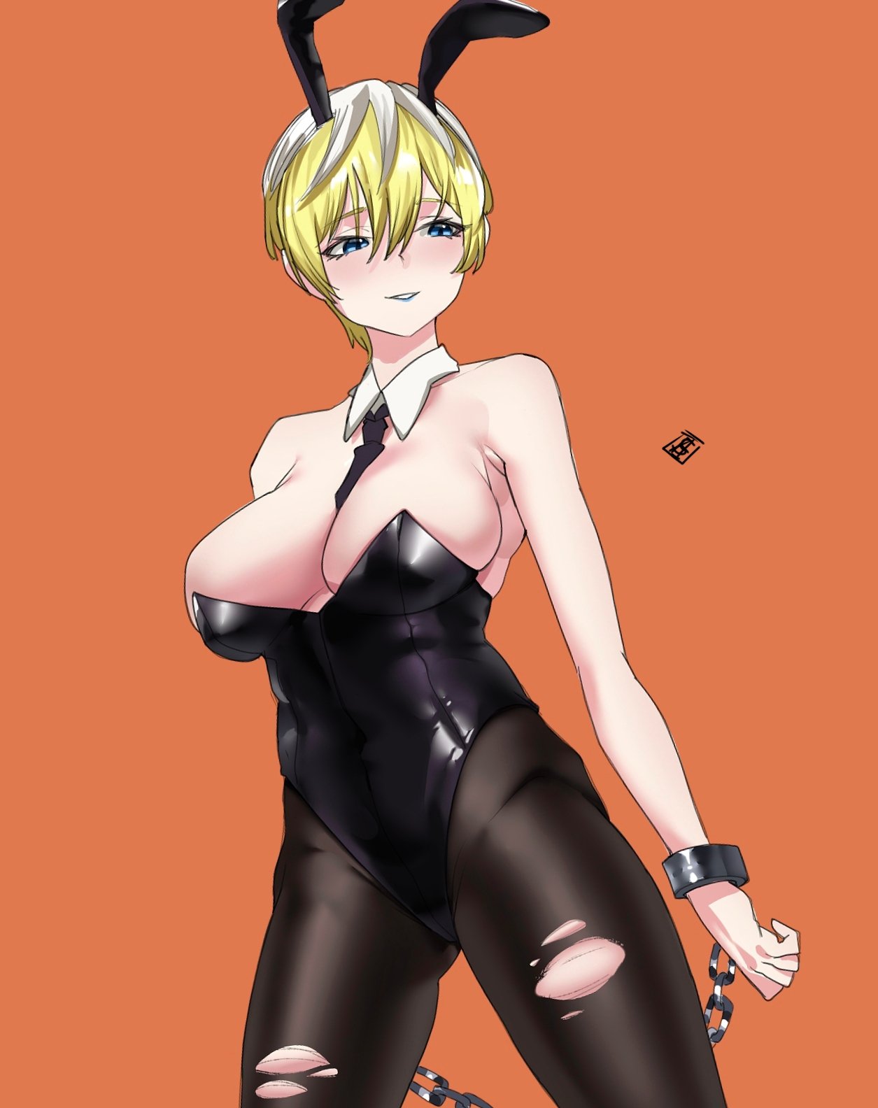 izumo tenka, mato seihei no slave, 1girl, blonde hair, blue eyes, breasts, cleavage, large breasts, rabbit ears, solo, torn clothes