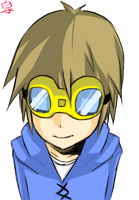 matsuda takato, digimon, digimon tamers, 00s, 1boy, brown hair, goggles, male focus, simple background, smile, solo