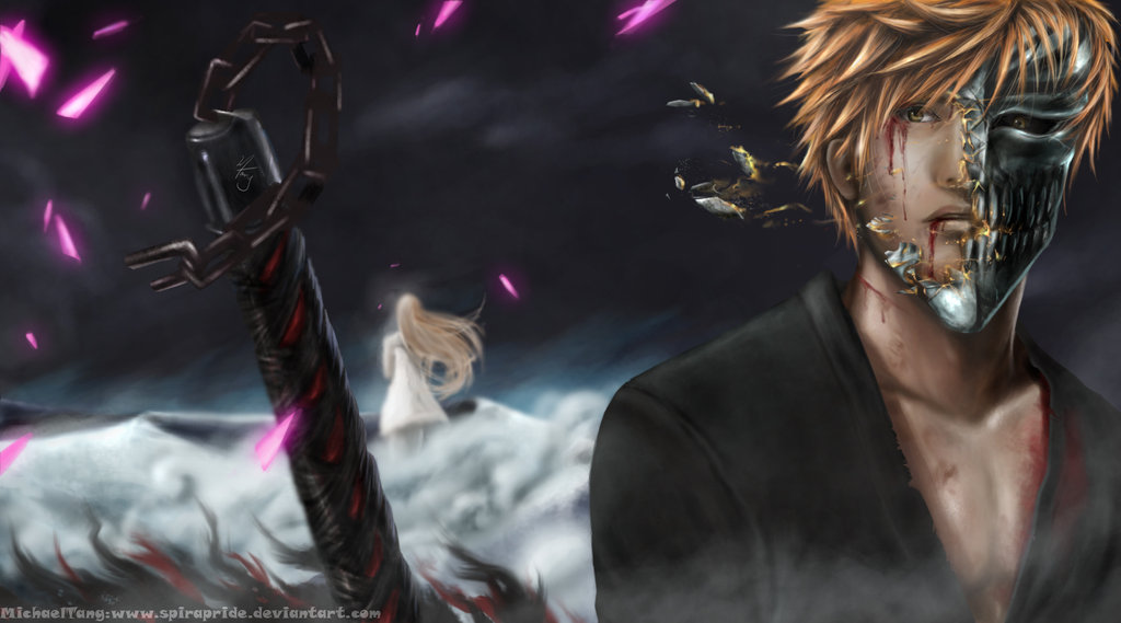 inoue orihime, kurosaki ichigo, bleach, 00s, 1boy, 1girl, bankai, blood, orange hair, realistic, skull, sword, weapon