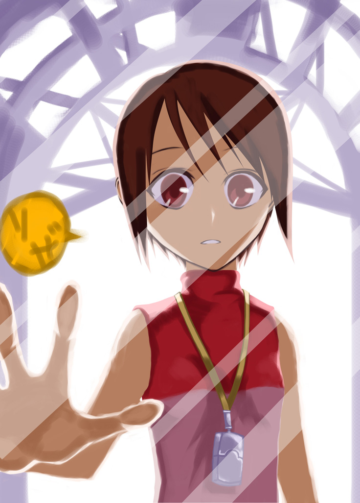 riza23, yagami hikari, digimon, digimon adventure 02, 00s, 1girl, brown hair, female focus, jewelry, necklace, red eyes, short hair, solo, turtleneck