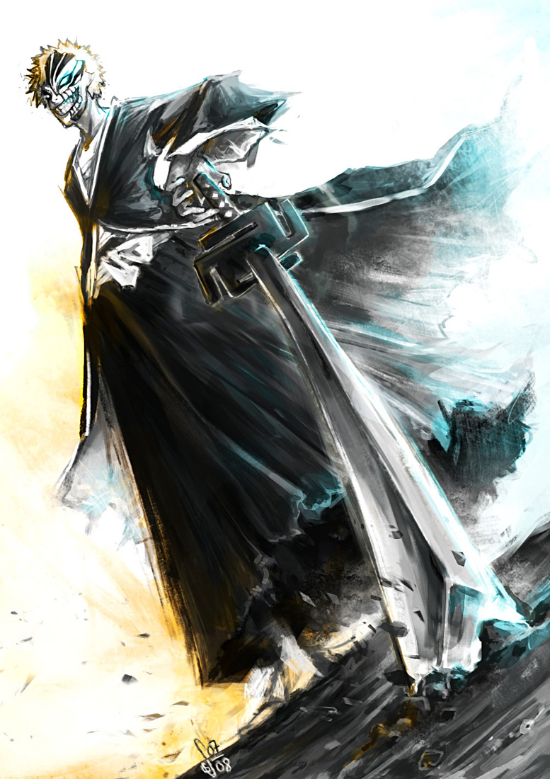 kurosaki ichigo, shirosaki hichigo, bleach, 00s, 1boy, bandages, bankai, foreshortening, full body, male focus, mask, orange hair, skull, solo, sword, weapon