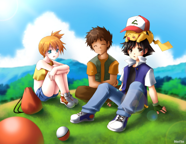 nefis, ash ketchum, brock (pokemon), misty (pokemon), pikachu, nintendo, pokemon, pokemon (anime), pokemon (classic anime), 1girl, 2boys, animal, animal on head, artist name, bag, bare legs, bare shoulders, baseball cap, black hair, black shirt, blue eyes, blue shirt, blue sky, blush, brown eyes, brown hair, brown shirt, child, closed eyes, cloud, cloudy sky, crop top, crossed legs, day, denim, denim shorts, field, fingerless gloves, gen 1 pokemon, gloves, grass, green gloves, hat, jeans, knees up, long sleeves, looking at another, looking at viewer, looking up, midriff, multiple boys, on head, open clothes, open mouth, open shirt, orange hair, outdoors, pants, poke ball, poke ball (basic), pokemon (creature), pokemon on head, ponytail, shadow, shirt, shoes, short hair, short ponytail, short shorts, short sleeves, shorts, side ponytail, sitting, sky, sleeveless, sleeveless shirt, smile, sneakers, spikes, sun, suspenders, t-shirt, vest, wide ponytail, yellow shirt