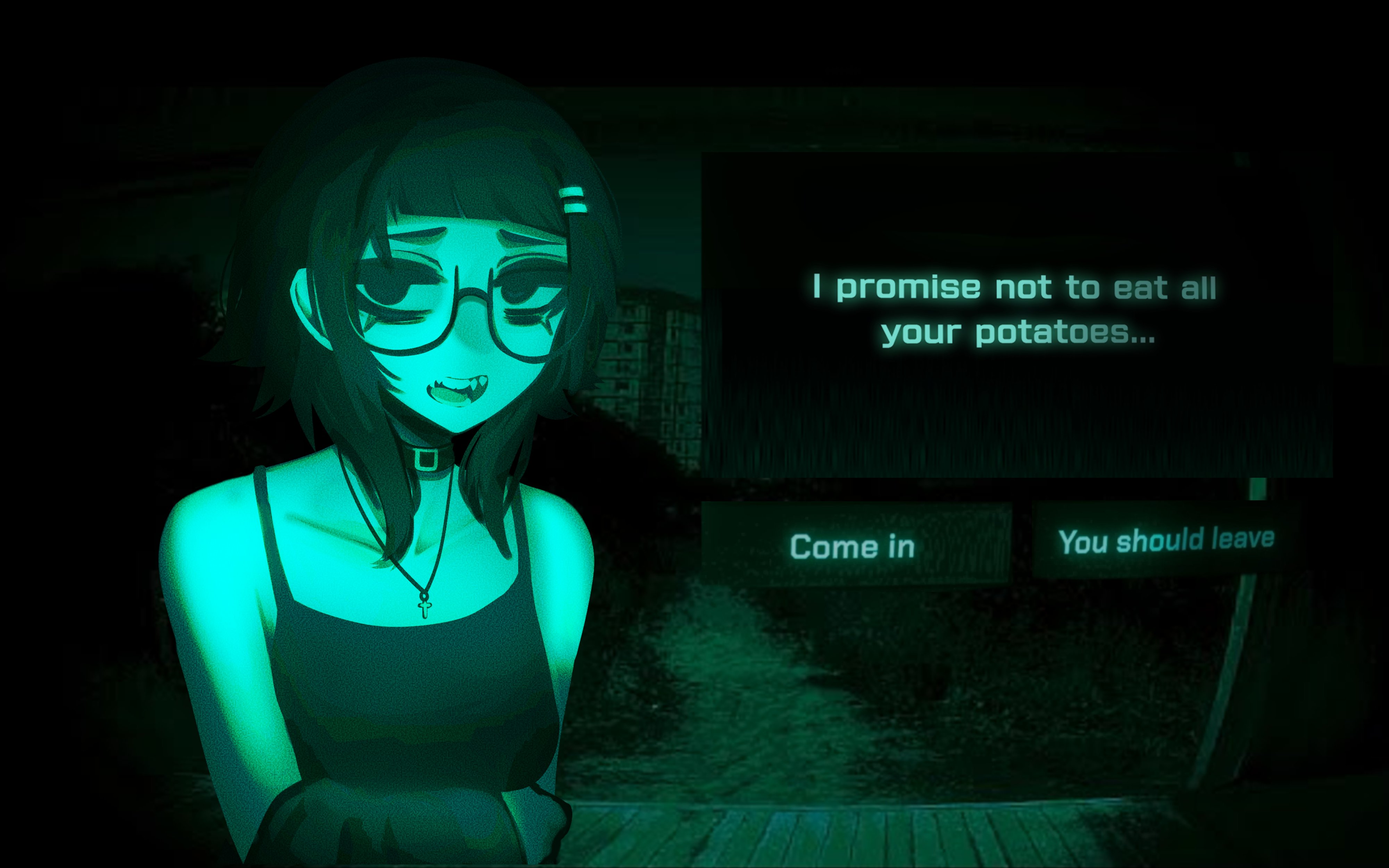 mikuneki, riyo kaede (mikuneki), original, absurdres, commentary, english commentary, highres, 1girl, bare shoulders, black choker, black eyes, black hair, black tank top, blunt bangs, breasts, choker, collarbone, cross, cross necklace, dark background, dialogue box, dialogue options, english text, glasses, hair ornament, hairclip, jewelry, looking at viewer, medium hair, necklace, night, night vision, no i'm not a human, open mouth, parallel hairclips, parody, semi-rimless eyewear, solo, tank top, under-rim eyewear, upper body