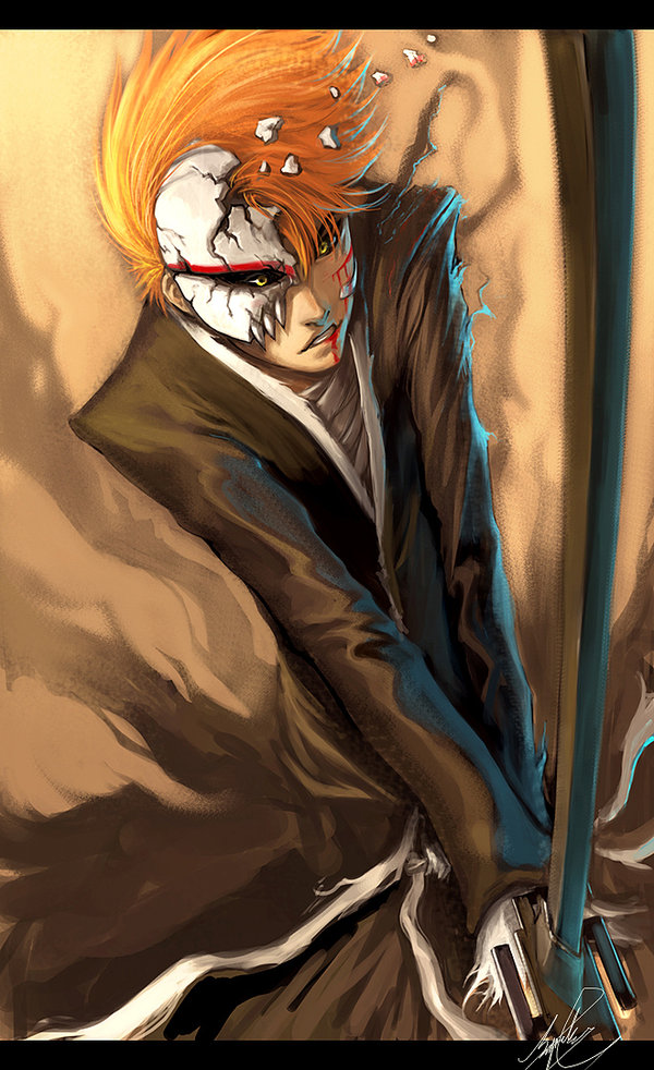 kurosaki ichigo, bleach, 00s, 1boy, bankai, blood, letterboxed, male focus, mask, orange hair, skull, solo, sword, weapon, yellow eyes