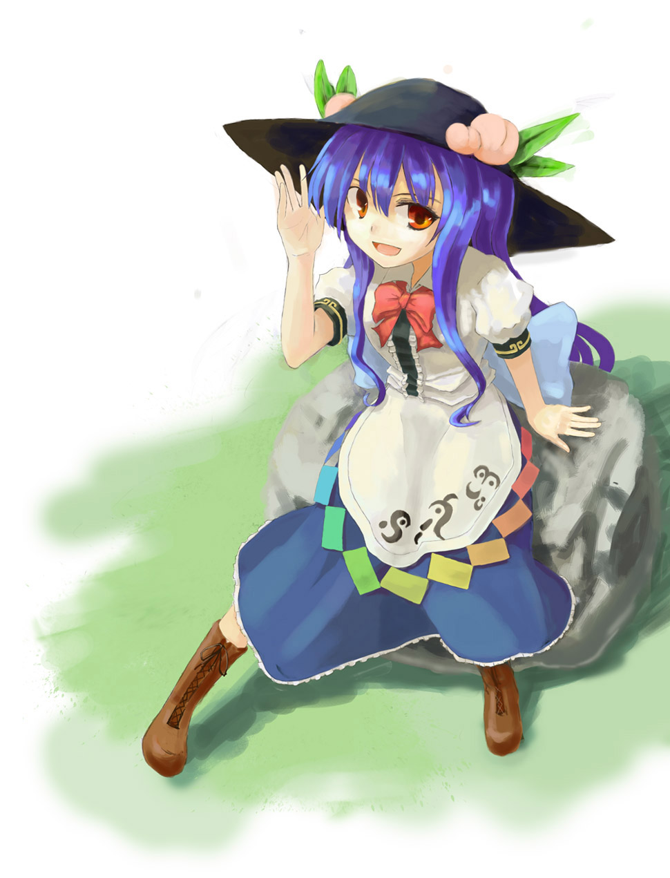 hokamichi, taji (crowview), hinanawi tenshi, touhou, highres, 1girl, blue hair, female focus, food, fruit, hat, leaf, peach, red eyes, solo