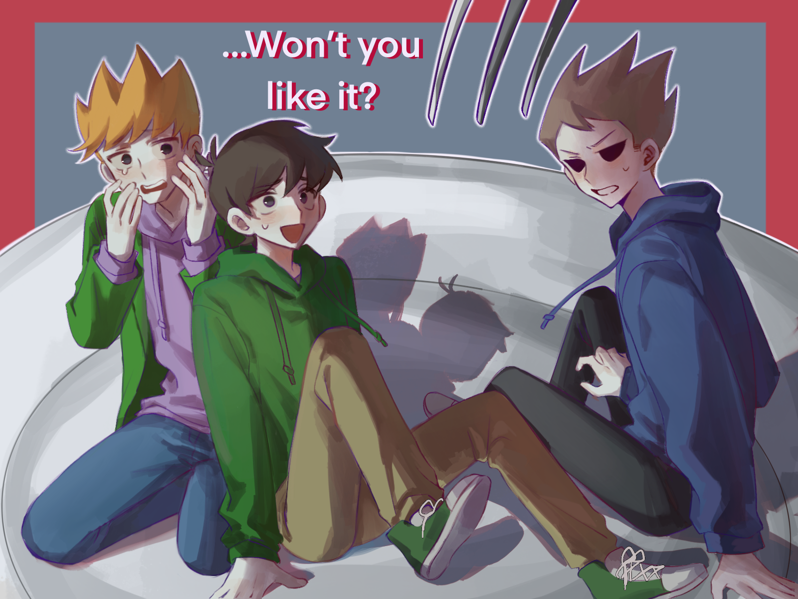 kafei146, edd (eddsworld), matt (eddsworld), tom (eddsworld), eddsworld, commentary, english commentary, highres, 3boys, :d, antenna hair, arm support, black eyes, black pants, blonde hair, blue hoodie, blue pants, border, brown hair, brown pants, clenched teeth, denim, double-parted bangs, drawstring, english text, fork, full body, green hoodie, green jacket, green shoes, grey background, hair behind ear, hair between eyes, hands on own cheeks, hands on own face, hollow eyes, hood, hood down, hoodie, jacket, jacket over hoodie, jeans, knee up, layered sleeves, looking at viewer, looking back, looking up, male focus, multiple boys, open clothes, open jacket, open mouth, outline, outside border, pants, plate, purple hoodie, raised inner eyebrows, red border, scared, shadow, shoelaces, shoes, short hair, simple background, sitting, smile, sweatdrop, swept bangs, teeth, upper teeth only, v-shaped eyebrows, very short hair, white outline, wide-eyed