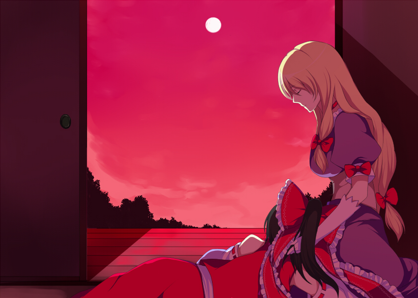 harano, hakurei reimu, yakumo yukari, touhou, 2girls, female focus, full moon, gloves, hair ribbon, lap pillow, moon, multiple girls, red sky, ribbon, sky
