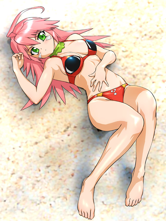 ueyama michirou, mm, mm (kemeko deluxe), kemeko deluxe, 00s, 1girl, barefoot, bikini, feet, female focus, green eyes, long hair, lying, pink hair, solo, swimsuit