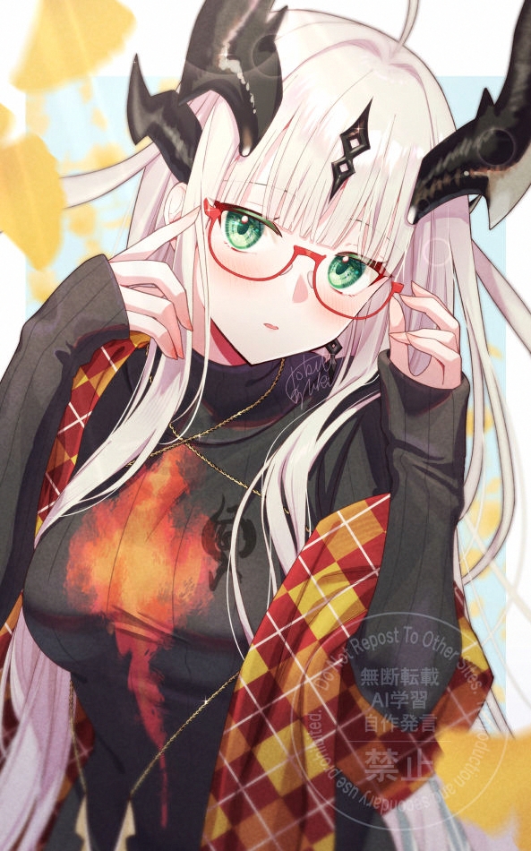 tokifuji kougetsu, reed (arknights), arknights, 1girl, black horns, black shirt, blonde hair, dragon girl, dragon horns, glasses, green eyes, horns, long hair, long sleeves, looking at viewer, red-framed eyewear, shirt, solo, stole, upper body