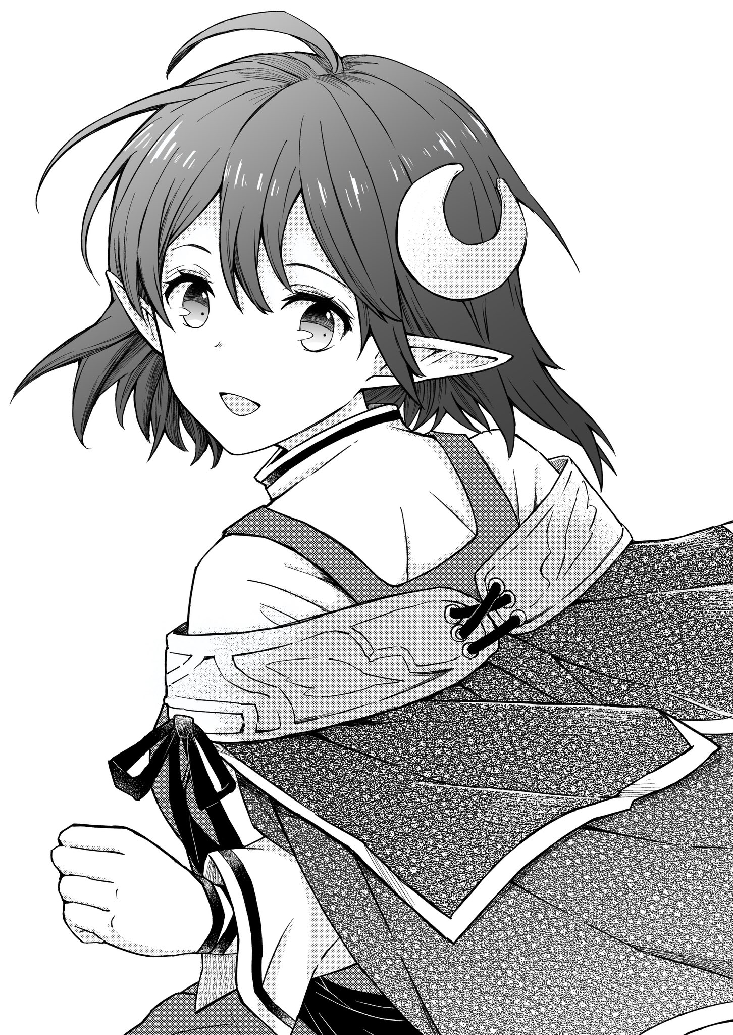 rena lanford, star ocean, star ocean: the second story, highres, 1girl, ahoge, cape, crescent, crescent hair ornament, greyscale, guramenew, hair ornament, looking at viewer, monochrome, open mouth, pointy ears, short hair, simple background, skirt, smile, solo, white background