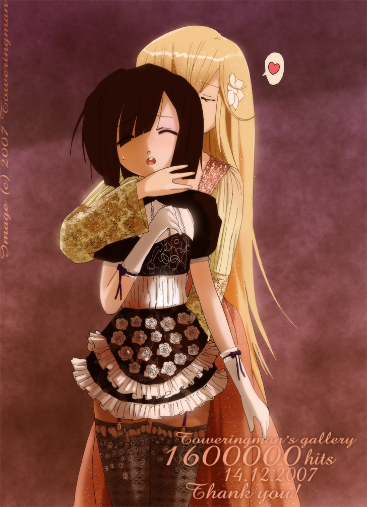 toweringman, 2girls, blonde hair, brown hair, closed eyes, flower, gloves, gothic lolita, hair flower, hair ornament, heart, kiss, lolita fashion, long hair, maid, multiple girls, short hair, thighhighs, very long hair, yuri, zettai ryouiki