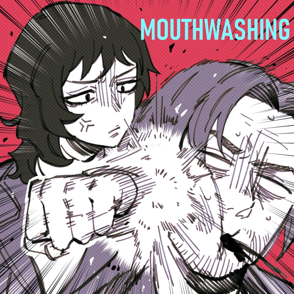 imozonokan, anya (mouthwashing), jimmy (mouthwashing), mouthwashing, commentary request, 1boy, 1girl, anger vein, beard, blank eyes, blood, blood from mouth, copyright name, emphasis lines, face punch, facial hair, greyscale with colored background, in the face, medium hair, pony express uniform, punching