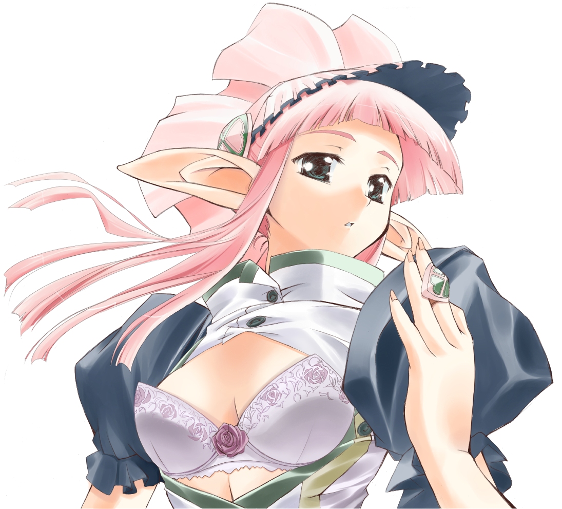 ibara-hime, ibarahime, otogi-juushi akazukin, 00s, 1girl, bra, breasts, female focus, jewelry, large breasts, lingerie, open clothes, pink hair, pointy ears, ring, solo, underwear